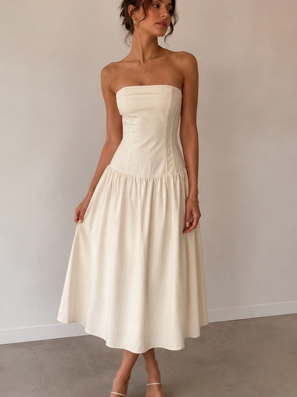 WeWoreWhat Strapless Cream Midi Dress with Fitted Bodice